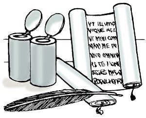Scroll with two ink pots and a feather quill